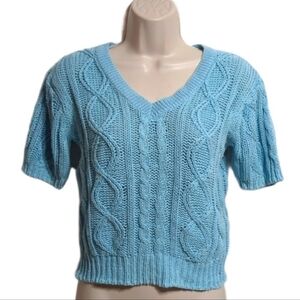 Vintage 80s Parrinello Sky Blue Cable Knit Cropped Short Sleeve Sweater Small